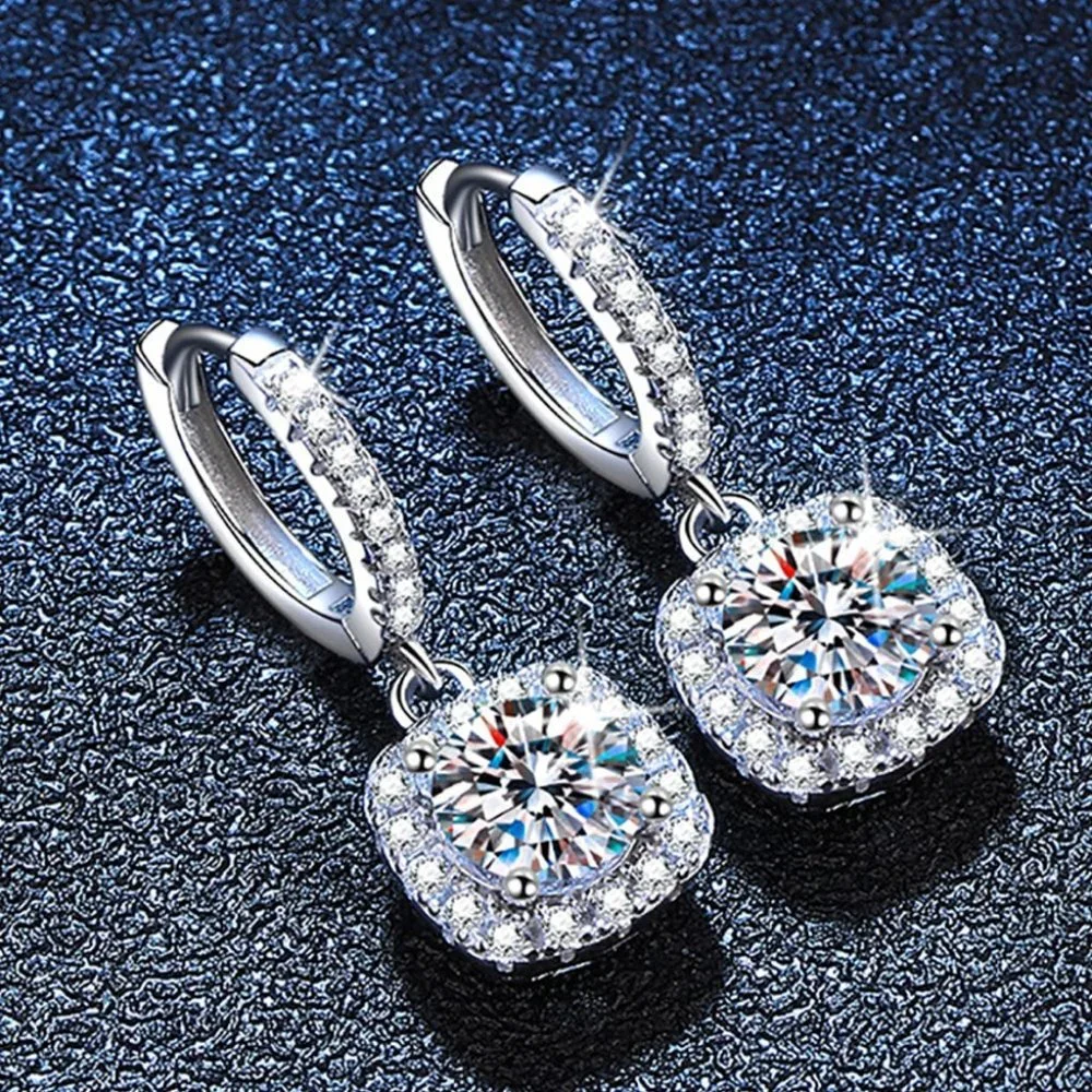 Certified 2ct. t.w. Moissanite Diamond Cushion Halo Drop Hoop Earrings NEW